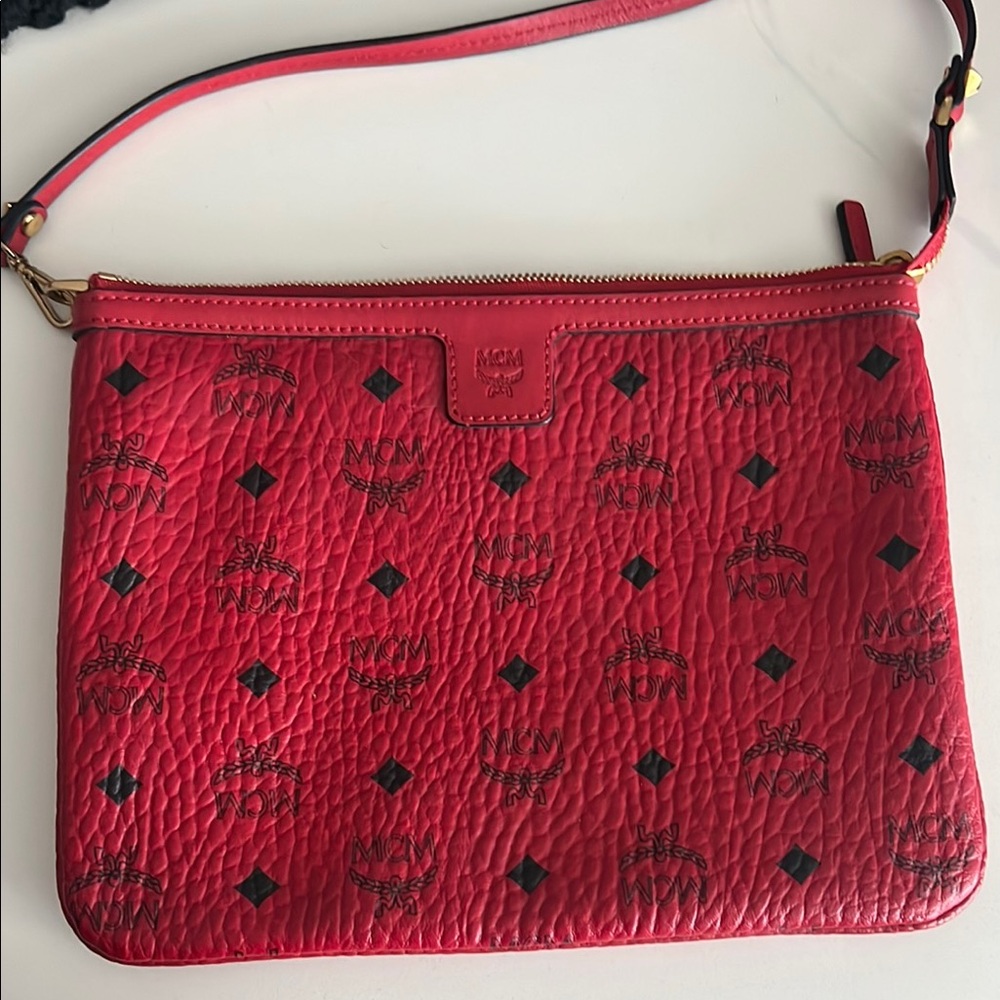 MCM Red Shoulder Bag with Bold Monogram Design